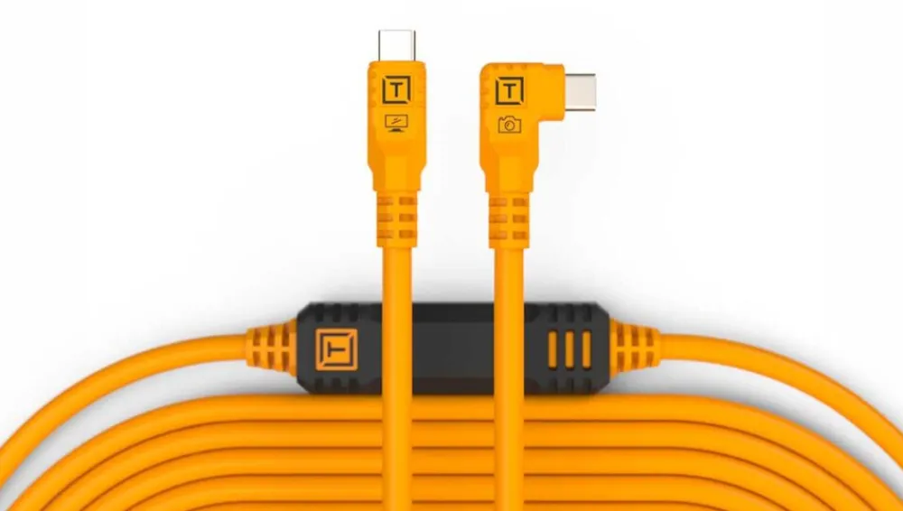 TETHER TOOLS Cables / Cords / Remotes | USB-C to USB-C 31' (9.4m) Straight to Right Angle Cable Orange